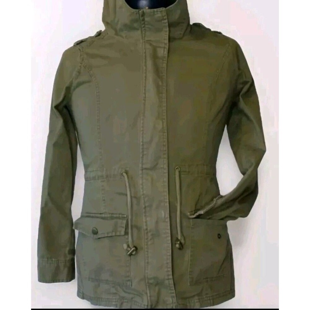 Cotton On Y2K Women Denim Canvas Hooded Utility Cargo Jacket Olive Green pockets